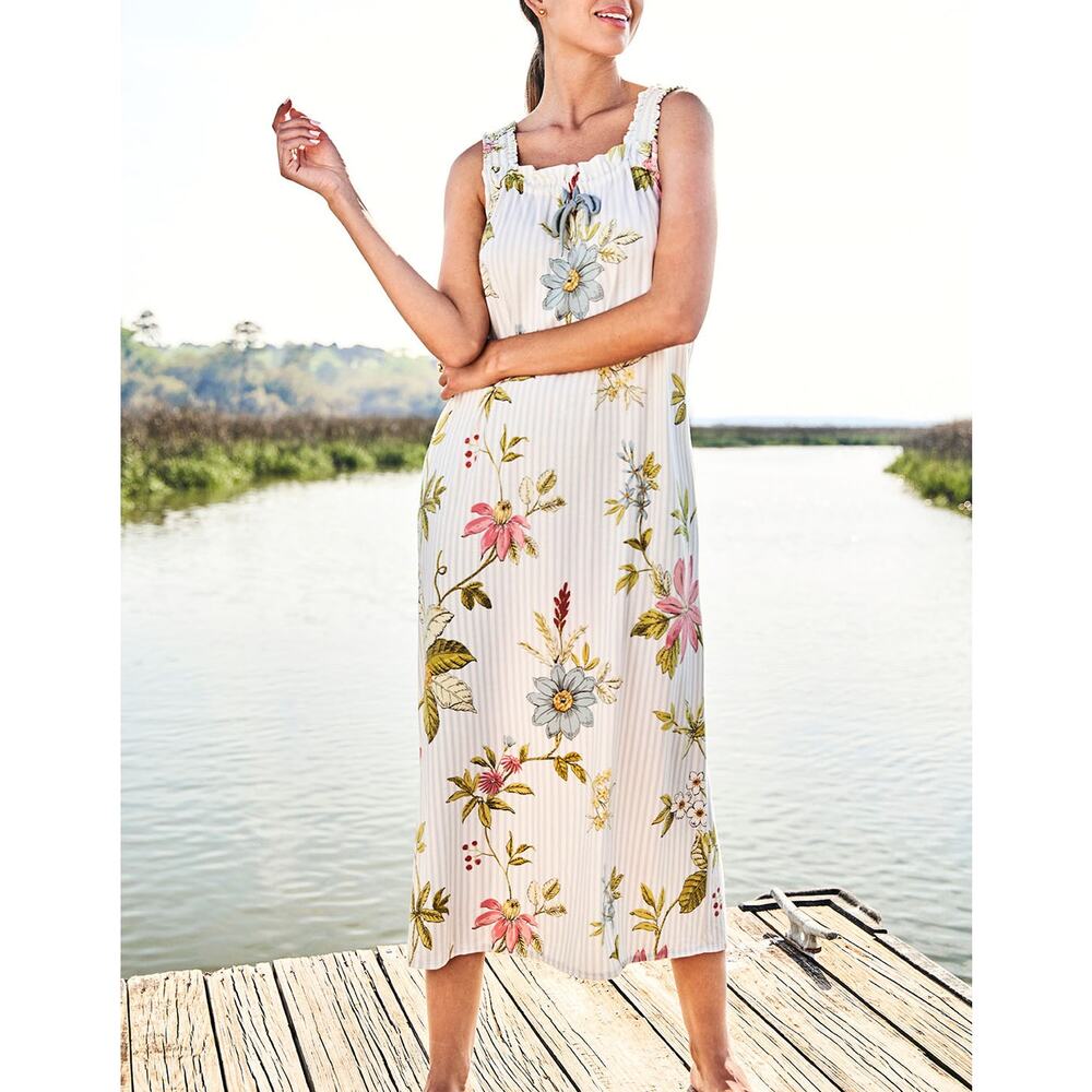 Spartina 449 Sleeveless Nightgown Floral Vine Stripe Blue Size Medium